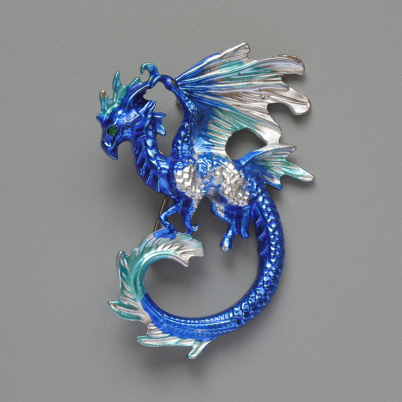 Dragon Brooch-Pendant with Blue-Gray Enamel, Silver Metal, 42×58 mm