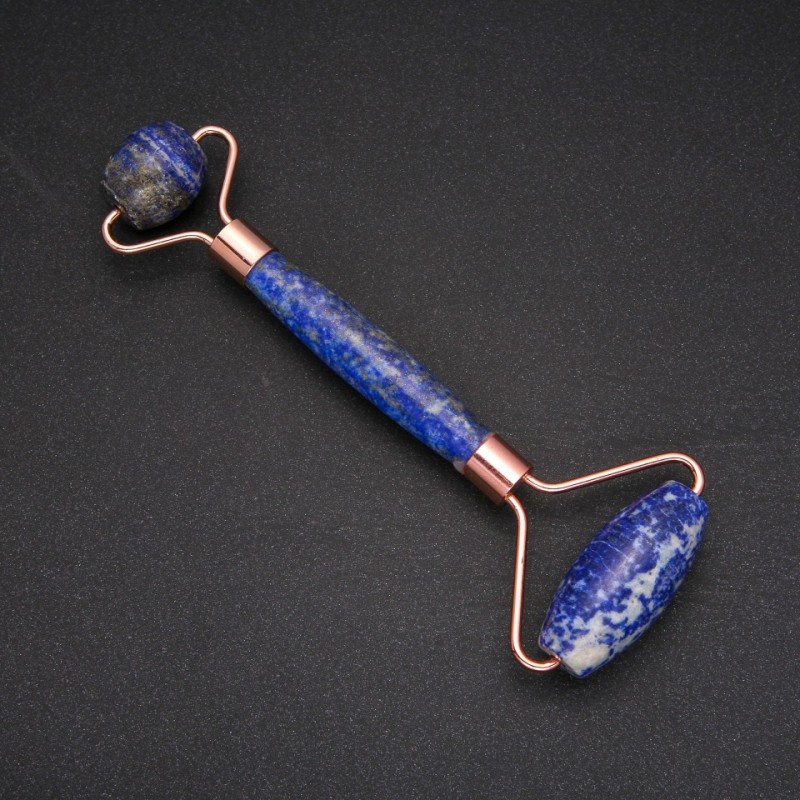 Azurite stone massager, double-sided, length 14.5 cm, gold-tone metal