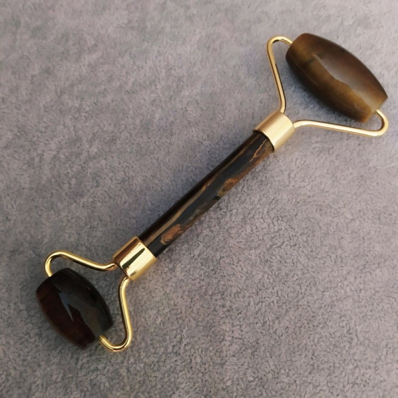 Tiger's Eye Natural Stone Massager, 14 cm, gold-tone metal