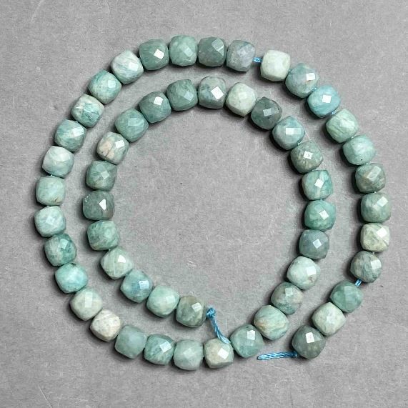 Amazonite Beads, Natural Stone, Faceted Cubes, 7 mm Diameter ±, 38 cm length ± on thread