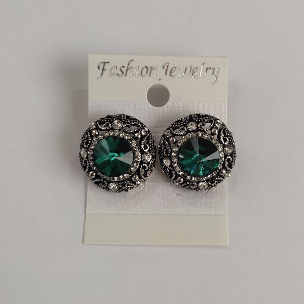 Stud earrings with round green crystals, delicate filigree setting, rhinestones, diameter 20 mm
