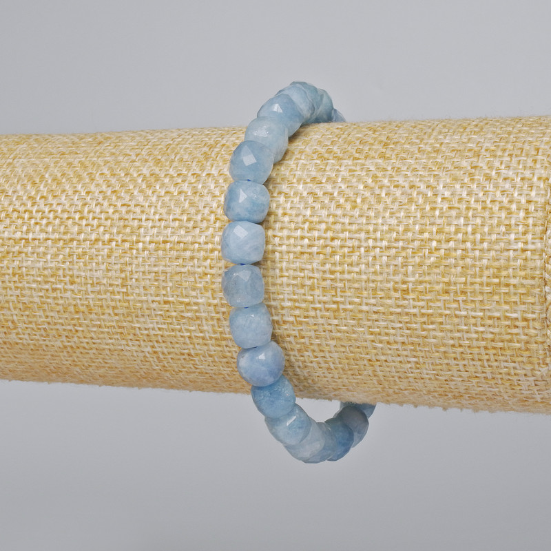 Aquamarine Bracelet with Natural Stone Faceted Cube, 7.5 mm Diameter, 18 cm Length (Stretch)