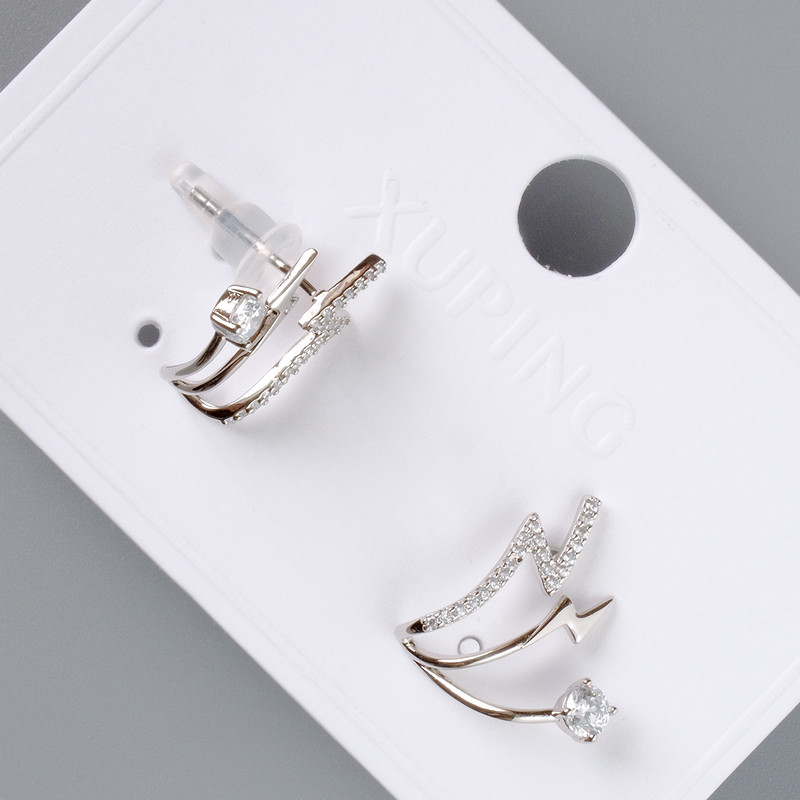 Earrings 'Lightning' Xuping with White Crystals, diameter 16x16 mm, without a clasp, rhodium-plated