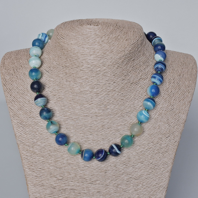 Blue Agate Necklace, natural stone, smooth beads, diameter 12.5 mm, length 46x48 cm