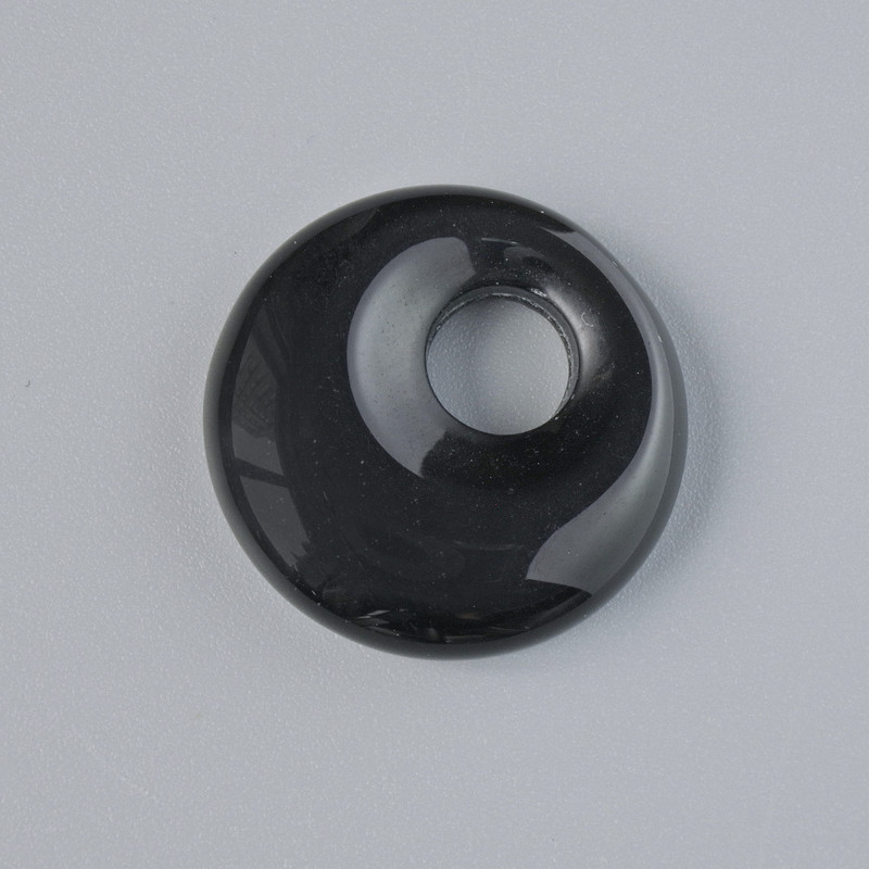 Donut Pendant (Bagel) Black Agate natural stone, diameter 18x5 mm +-, hole diameter 5 mm +