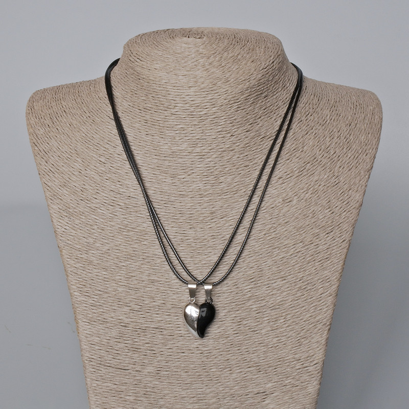 Pair of Heart Pendants on a Magnet, black enamel, silvery metal 22x17 mm, 5 mm +-, length 45-50 cm+