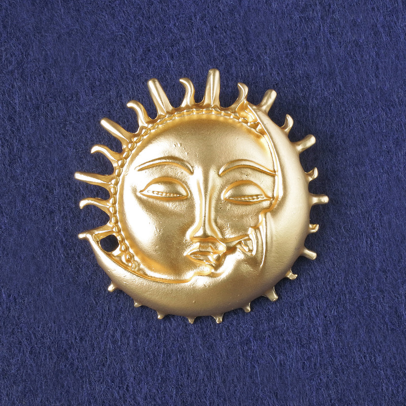 Brooch 'Sun and Moon' yellow matte enamel, golden metal 46x46mm+
