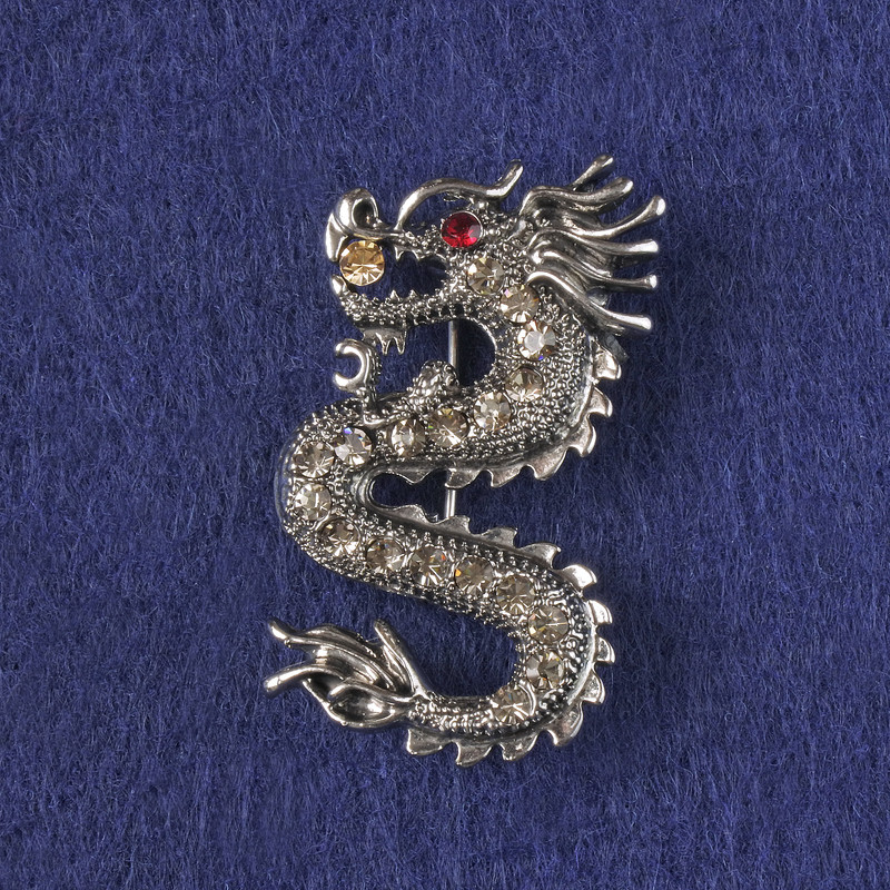 Dragon brooch pendant with white crystals, silver-toned metal 40x23mm +