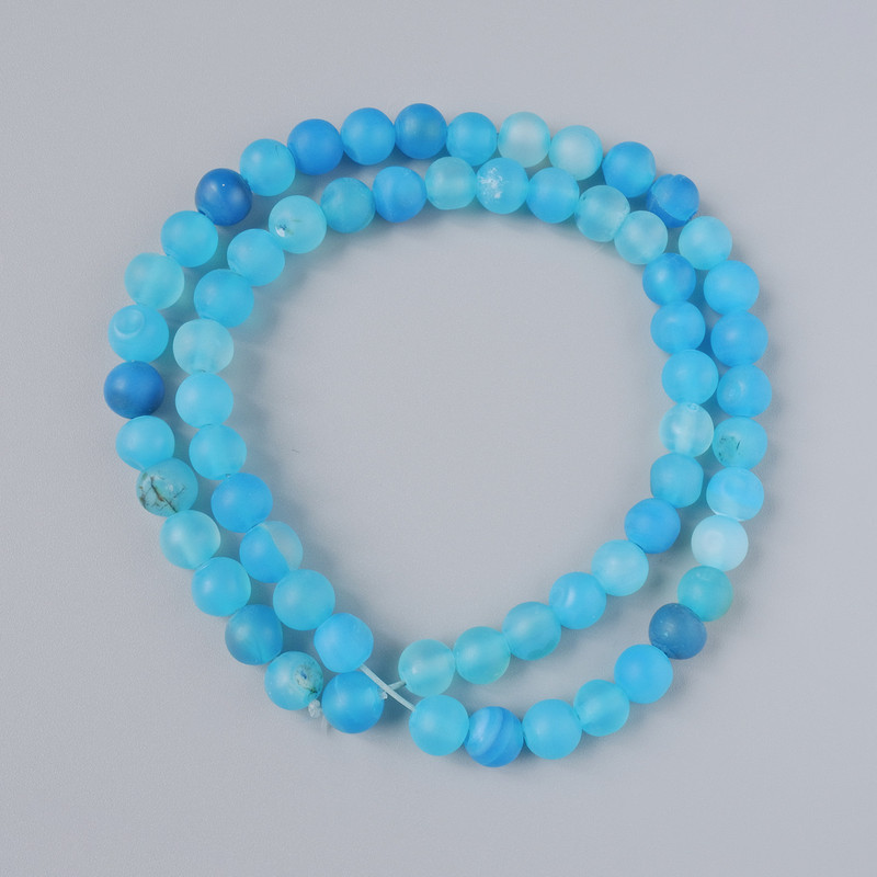 Blue matte agate beads, natural stone, smooth round beads, 6 mm diameter, 38 cm length on a thread