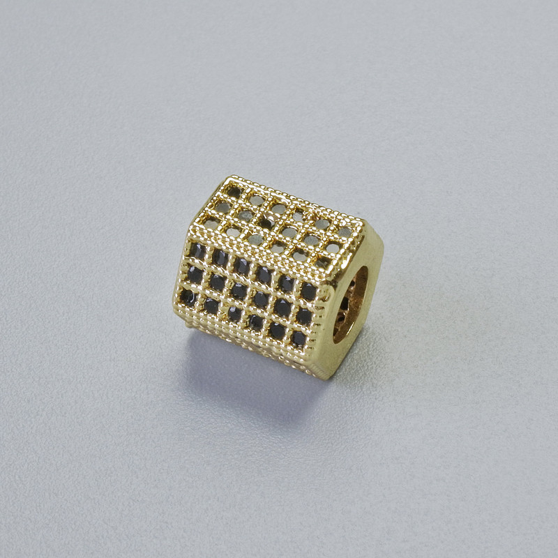 Bead-insert Findings with Black Rhinestones, 8.5×8 mm, hole diameter 4 mm, gold-tone metal, 1 piece