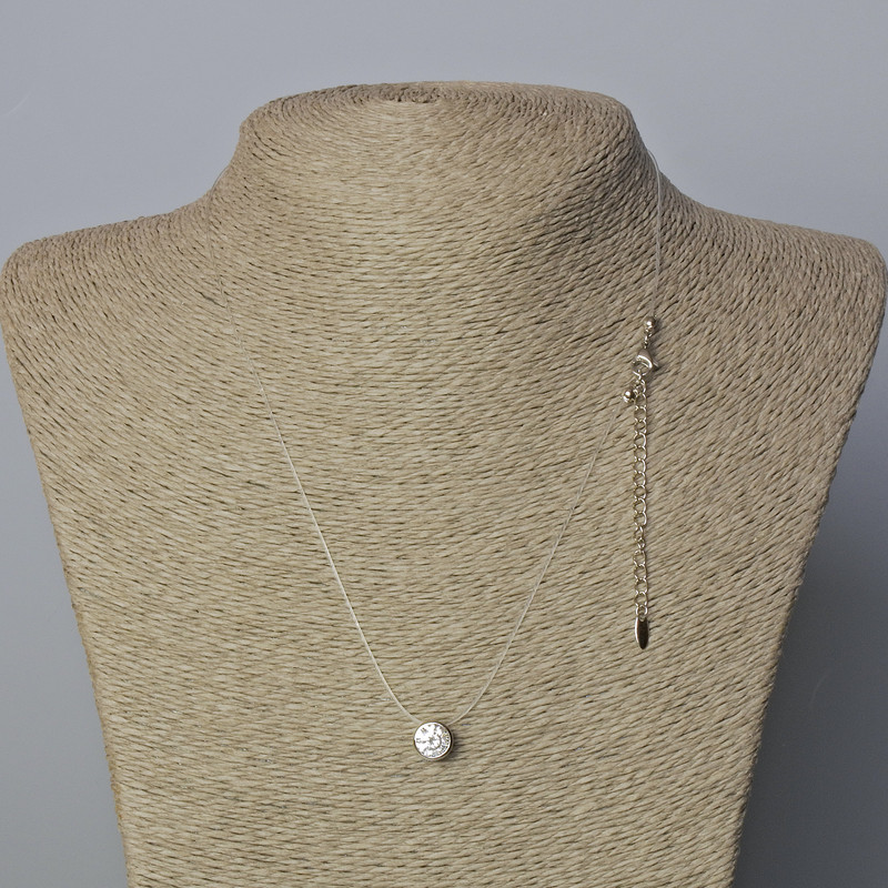 Pendant with white crystal, 8.5 mm diameter, on a threaded with clasp, Xuping Rhodium, thickness 0.8 mm, length 45-50 cm+