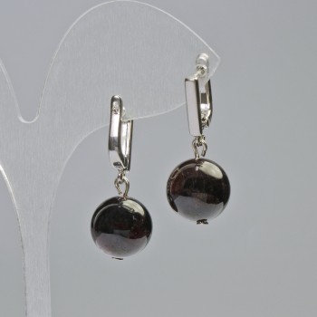 Garnet Earrings, Natural Stone, Smooth Bead, Diameter 12.5 mm ±, Length 30 mm ±, English Clasp