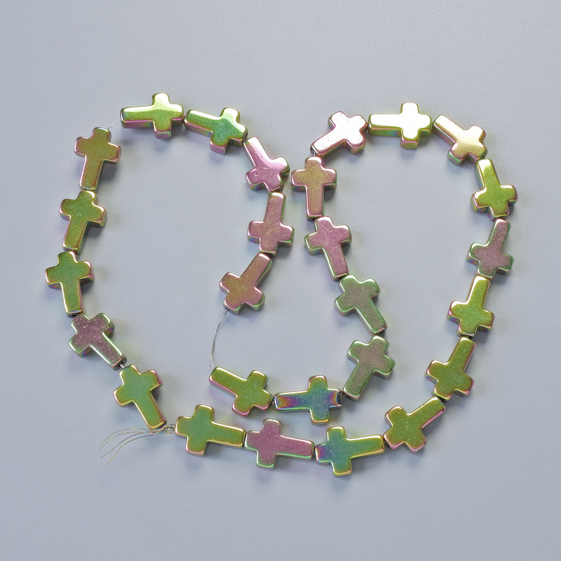 Hematite Beads 'Cross' in Chameleon Color, diameter 10×14×4 mm, length 40 cm ± on a thread