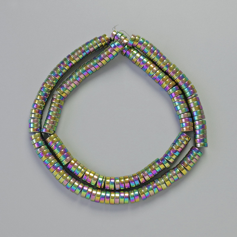 Hematite Rondelle Beads Multicolor, 6x2 mm, 42 cm length on thread
