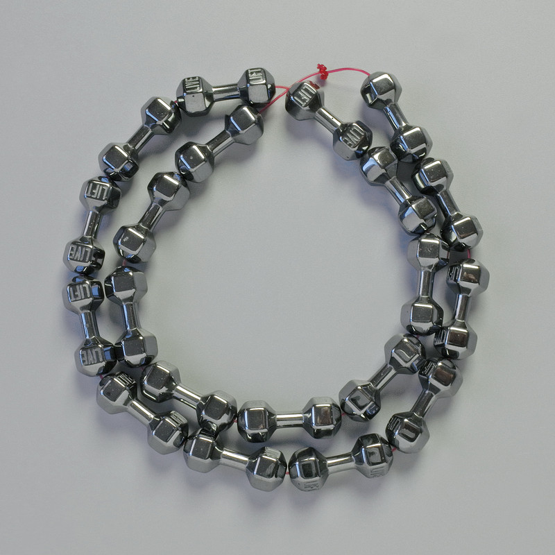 Hematite beads, dumbbell shape, black color, diameter 21x7 mm, 42 cm strand