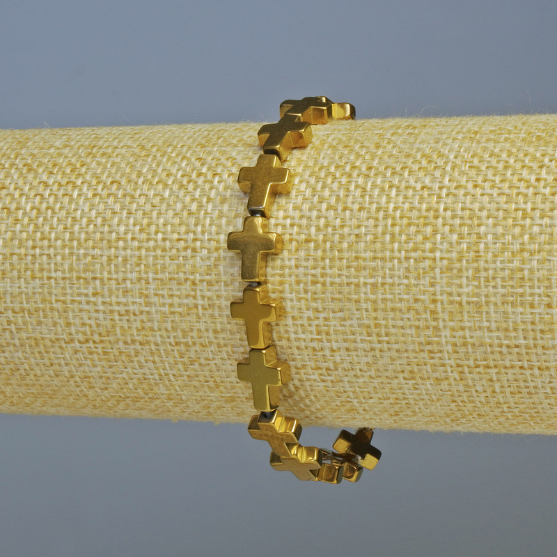 Hematite Bracelet 'Cross' Gold-tone, diameter 9x7x1.5mm +/-, length 18 cm +/- (stretch)