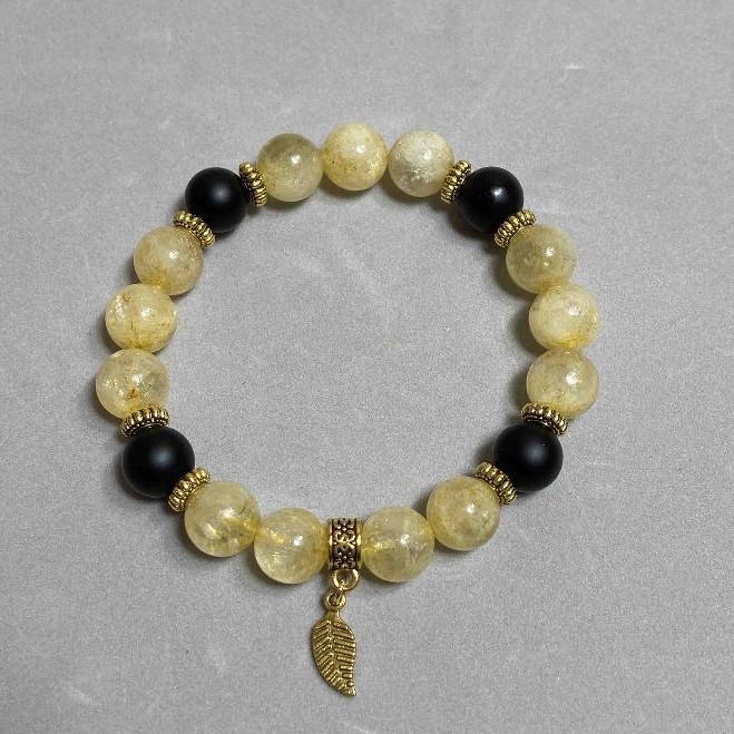 Bracelet Citrine Smooth Bead, 10 mm diameter +- Shungite Smooth Bead, 10 mm diameter, 18 cm stretch