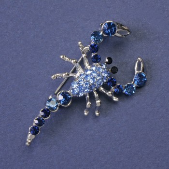 Scorpion Brooch with blue and light blue crystals, silver-tone metal, 47 x 25 mm +