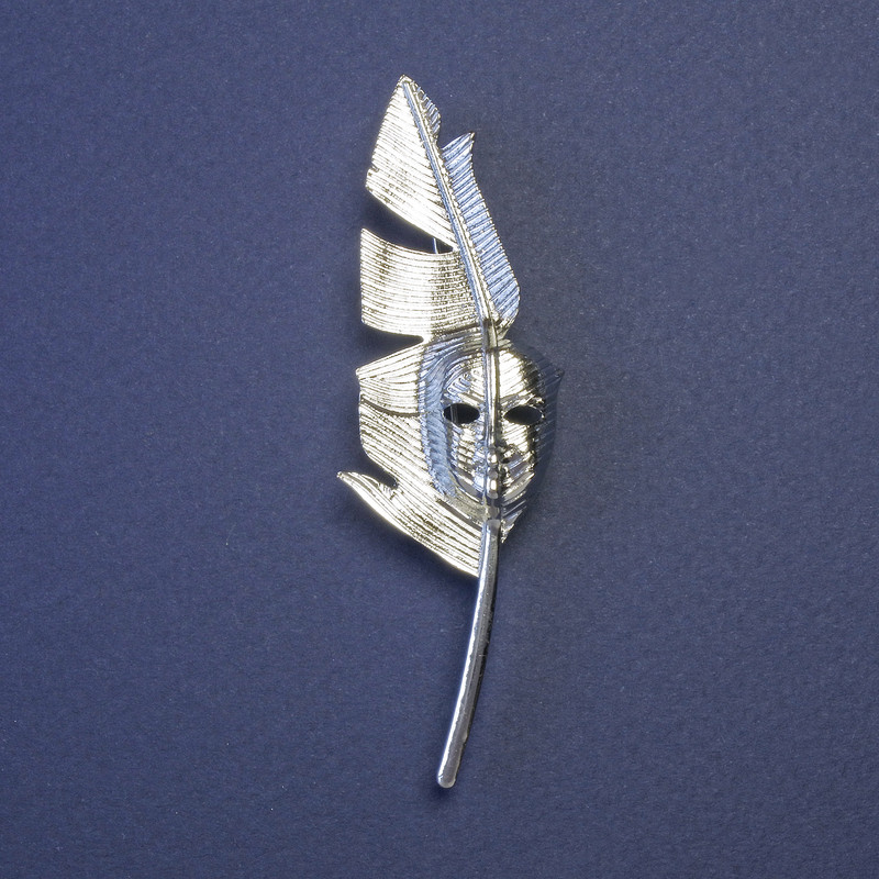 Writer's Pen Pendant Brooch with Mask, Silver Metal 80x23 mm