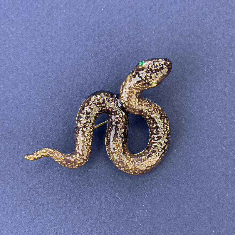 Brooch-pendant 'Snake' bronze enamel with green crystals, gold-tone metal, 53×30 mm +