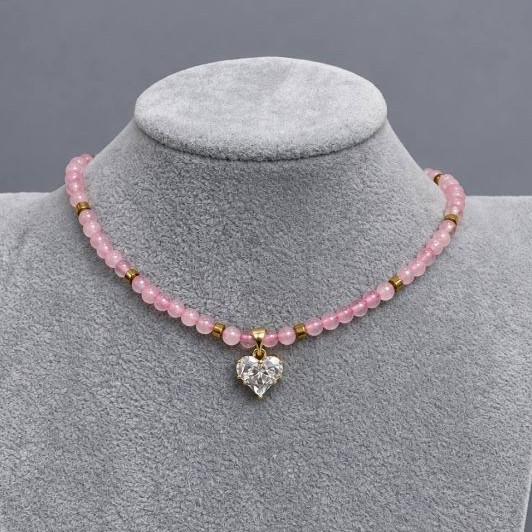 Pink Quartz Choker with Heart Pendant, Smooth Beads 4 mm ±, Hematite Cubes 3 mm ±, Heart Pendant 12 mm ±, Length 36 cm ± with Extender Chain