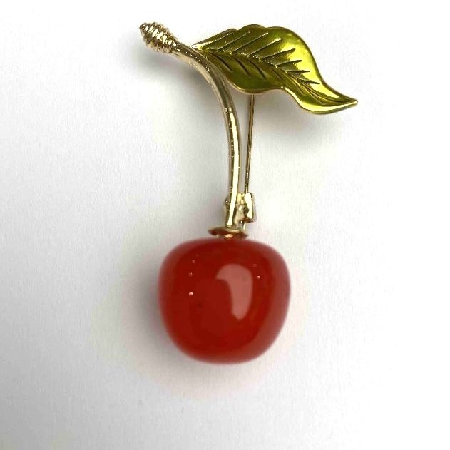 Cherry Brooch, 18 mm diameter, enamel, gold-tone metal color, 48 mm+