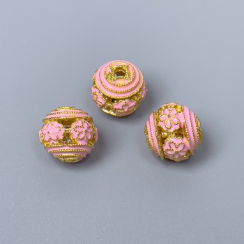 Bead Cloisonne Pink Enamel, 10mm diameter, hole diameter 1.8mm, gold-tone metal color, 1 pc