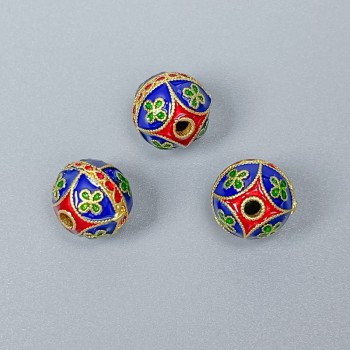 Bead Cloisonné blue & red enamel, 10 mm diameter, 2 mm hole, gold-tone metal, 1 piece