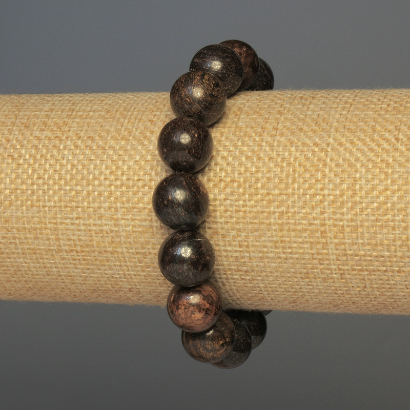 Bronzite Bracelet with Smooth Beads, 12 mm Diameter, 18 cm Length, Elastic (Stretch)