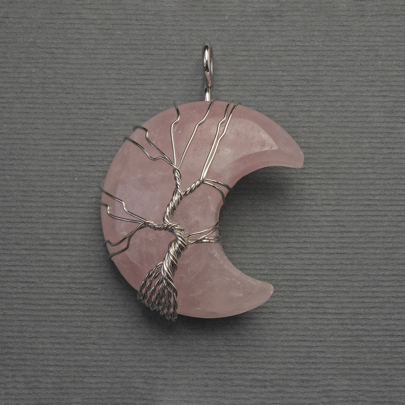 Moon Pendant with Pink Quartz in a Silver-Plated Weave, diameter 35mm ±, length 45mm ±