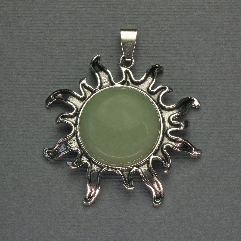 Pendant Sun nephrite natural stone, diameter 42mm ±, length 48mm ± silver-toned metal
