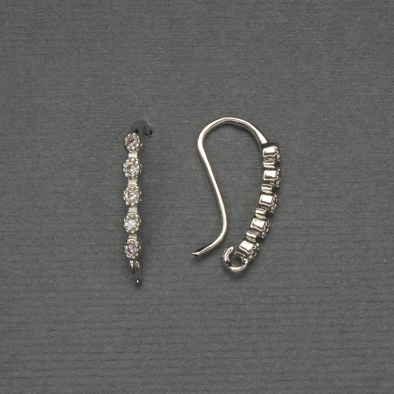 Silver-toned ear wires for earrings with white crystals, 19x2 mm - pair