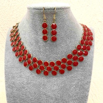 Berry Necklace and Earrings Set, Gold-tone Metal with Red Gloss