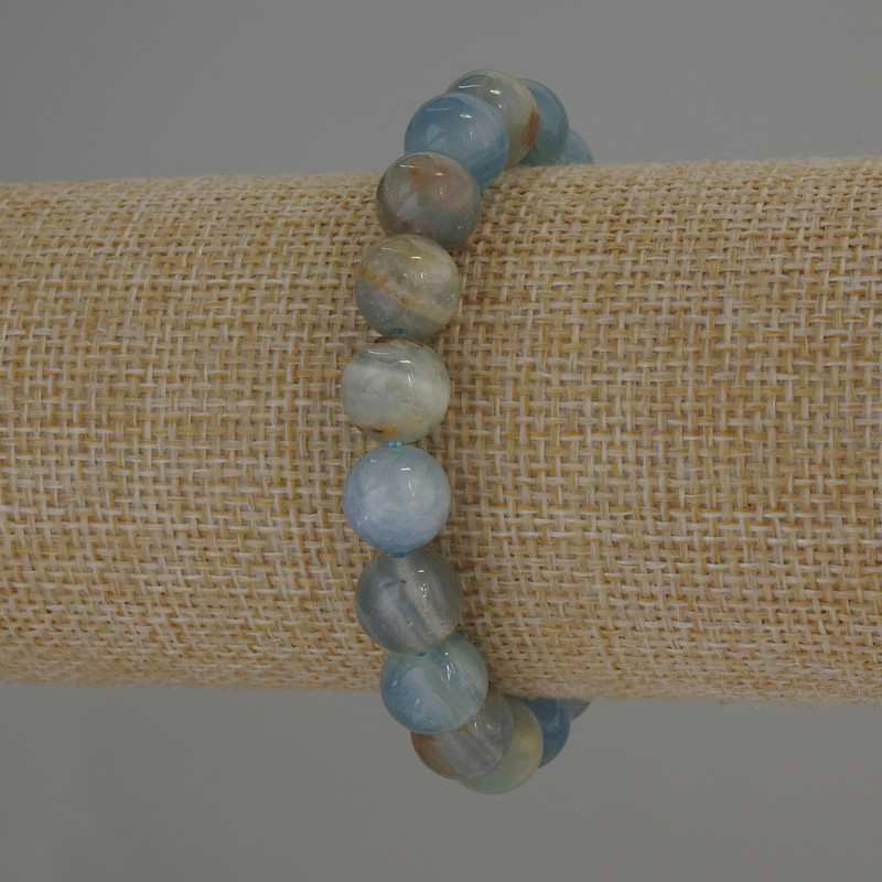 Blue Calcite Bracelet with Smooth Beads, 10 mm Diameter, 18 cm Length, Stretch