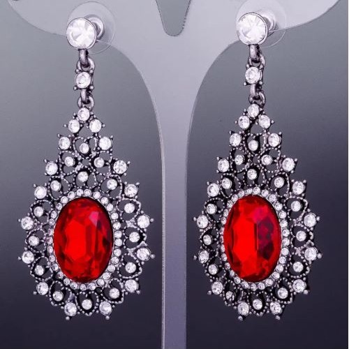 Earrings with crystals "Lace Drop" in red with a silver finish, diameter 30 mm, total length 60 mm