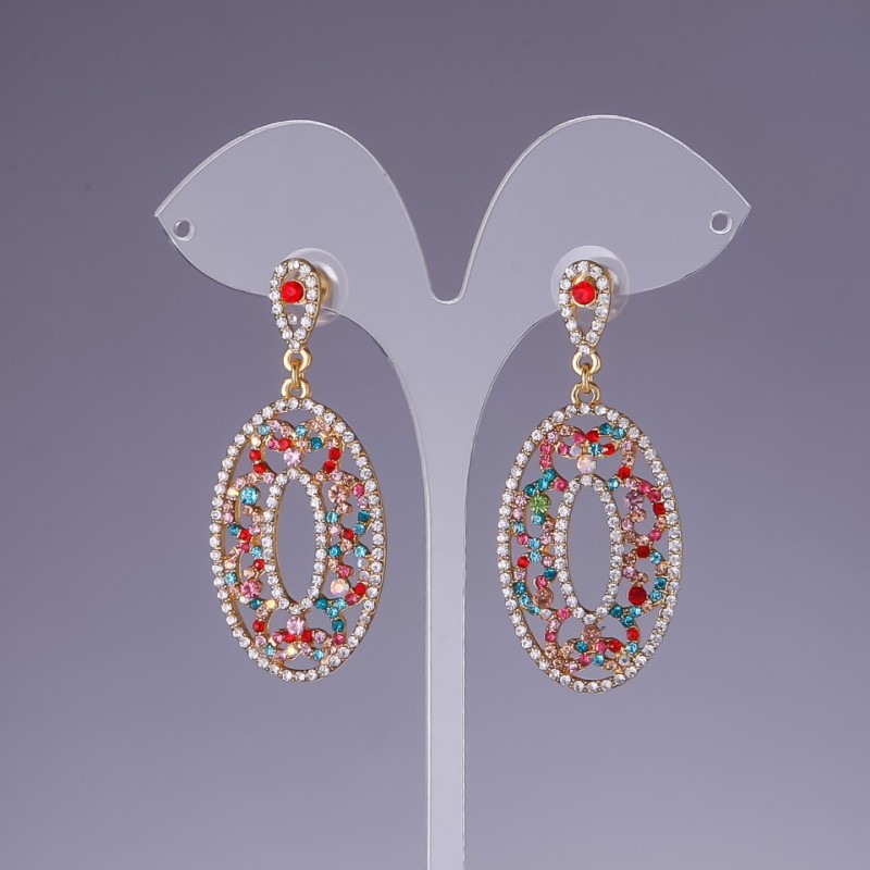 Earrings with multicolored rhinestones, length 5.5 cm, yellow metal