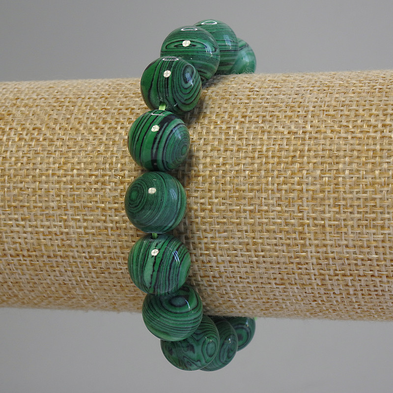 Malachite bracelet with smooth round beads, 12 mm diameter ±, 18 cm length ± (stretch)