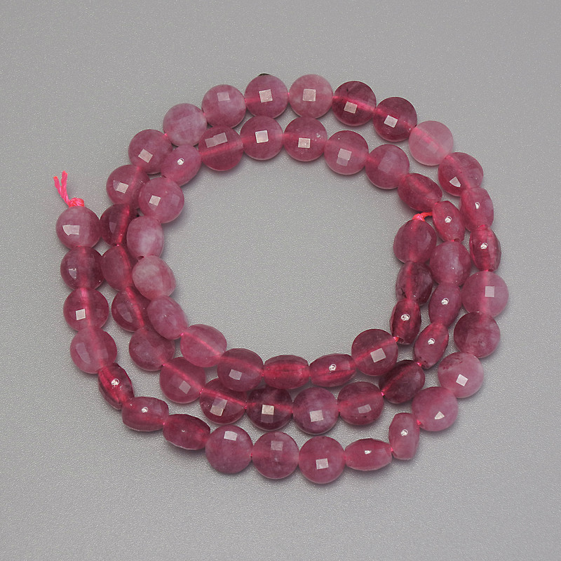 Faceted coin-shaped tourmaline beads, 6.5 mm diameter, 38 cm length on thread