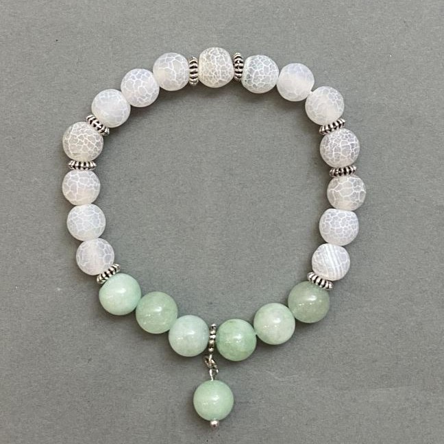Bracelet Amazonite Bead 8mm+-Frosty White Agate 7mm+-with metal inserts, length 18mm+- stretch