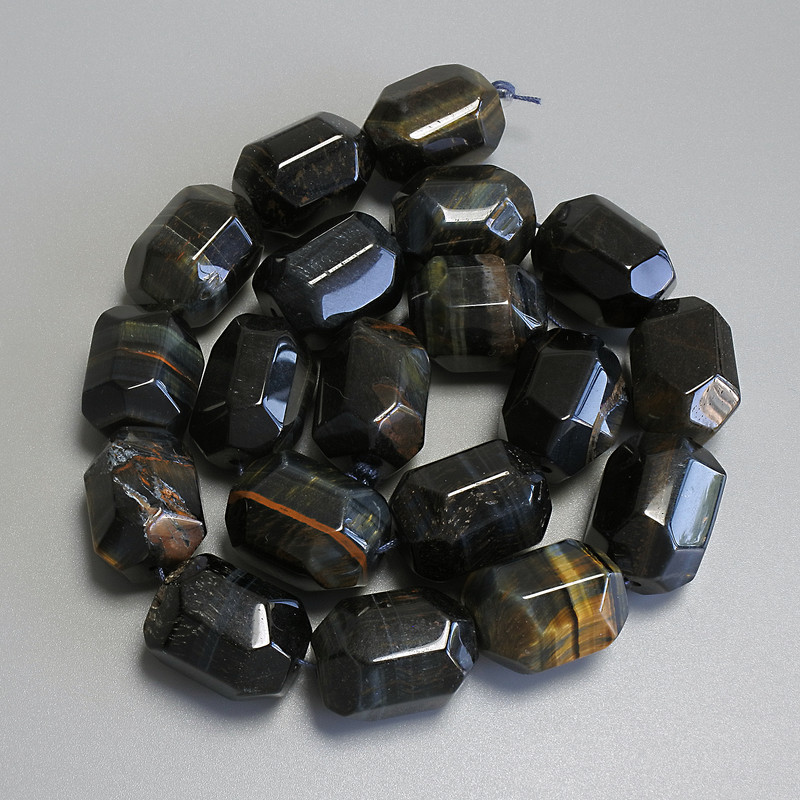 Faceted Hawk's Eye and Tiger's Eye Beads, diameter 20–21×15 mm ± on thread, length 39 cm+