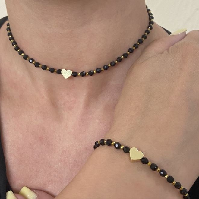 Jewelry set 'Heart' choker and bracelet made of black agate and golden hematite, sizes are adjustable