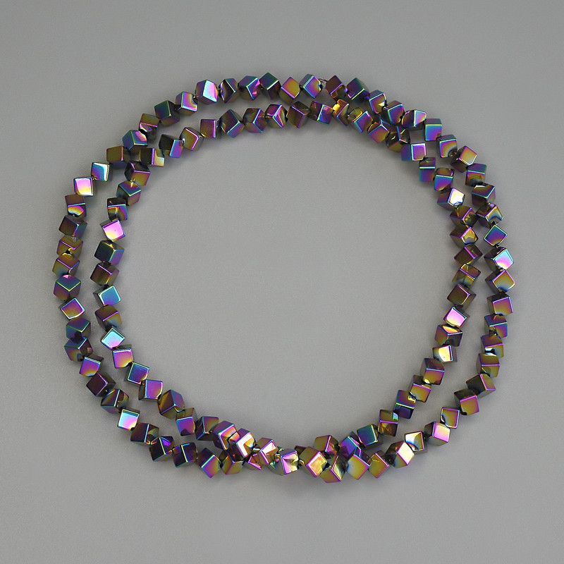 Rainbow Hematite Cube Beads with Cross-Hole, 3×3 mm ± on Beading Thread, Length 38 cm