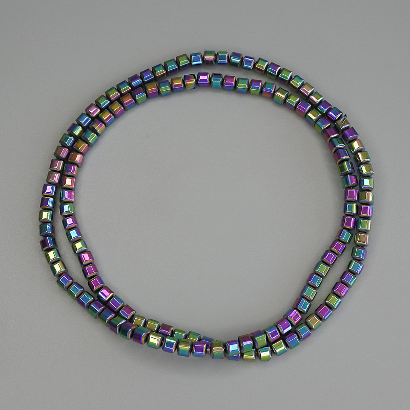 Rainbow hematite cube beads 3x3 mm +/- on a beading thread, length 40 cm+