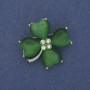Brooch 'Four-Leaf Clover' with green cat's eye crystals, silver metal 31×31 mm+