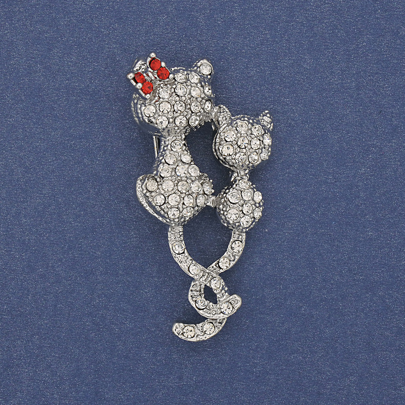 Cat Brooch with White and Red Rhinestones, Silver-Tone Metal 43×25mm+