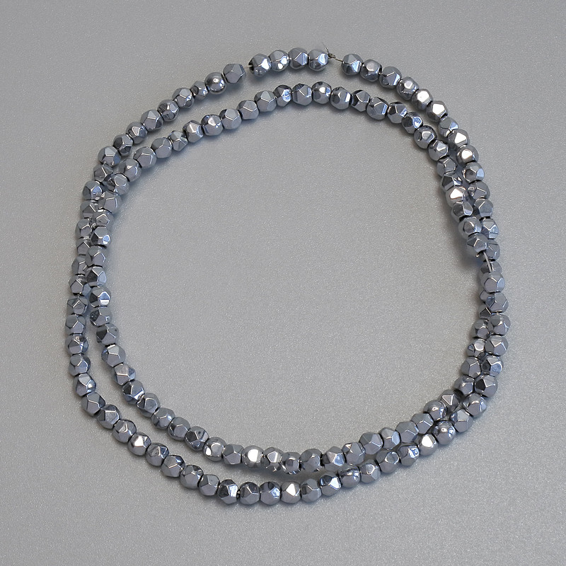 Hematite beads, silver color, faceted 3x3 mm, on a fishing line, length 38 cm+