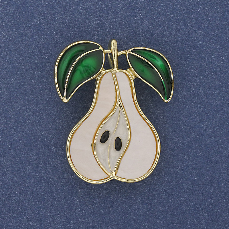 Pear enamel on gold-tone metal brooch-pendant 40x33mm+
