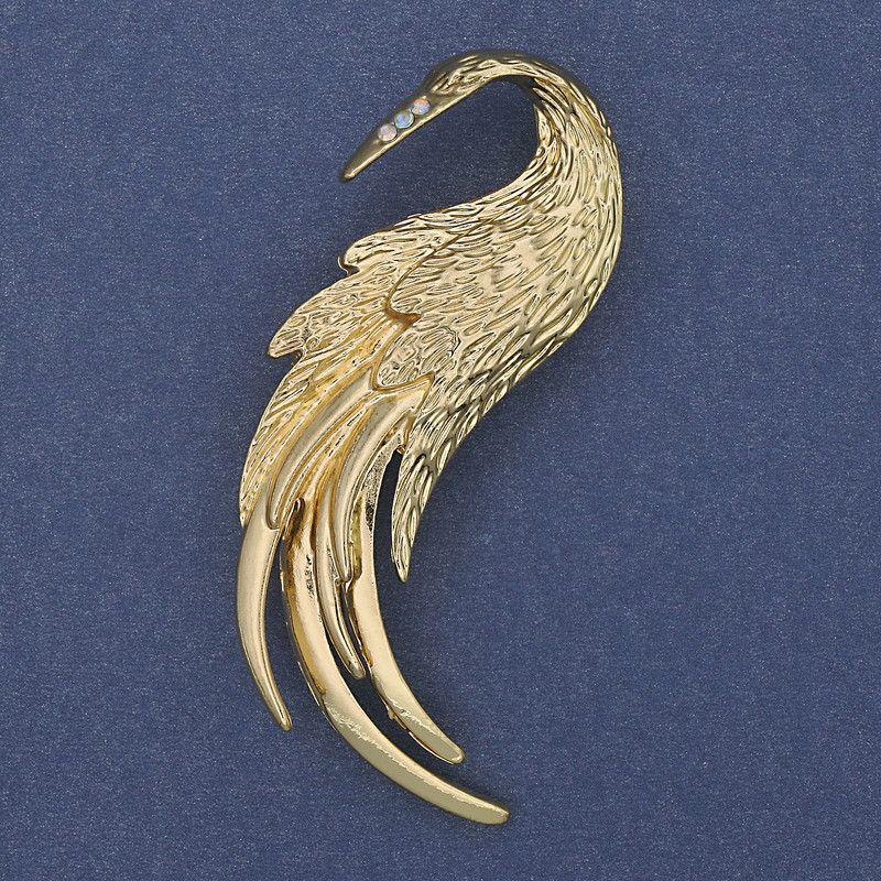 Brooch 'Firebird' with White Crystals on Golden Metal 60×37mm+