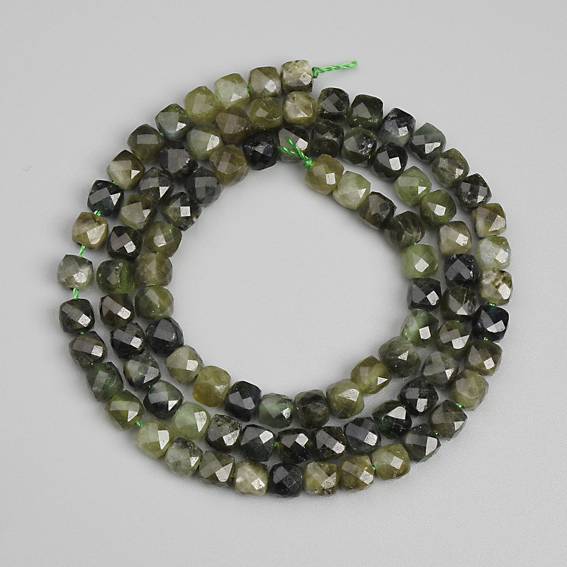 Green Tourmaline Beads, Faceted Cube 4x4 mm, Length 39 cm+- on Thread