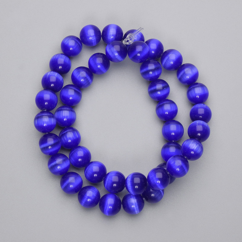 Blue Cat's Eye Beads, Synthetic Stone, Smooth Round 10mm, on Thread, 39 cm Length